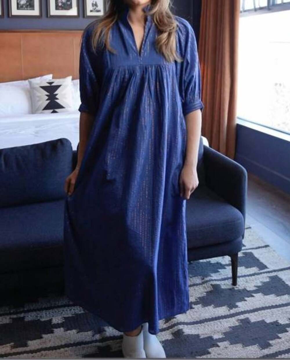 Never A Wallflower 100% Cotton Blue Dress With Metallic Gold Thin Stripes Size S